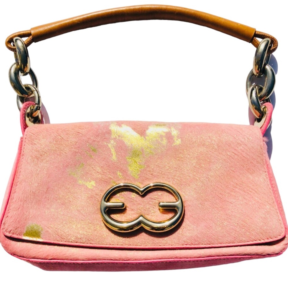 ESCADA pink with metallic gold accents pony handbag
